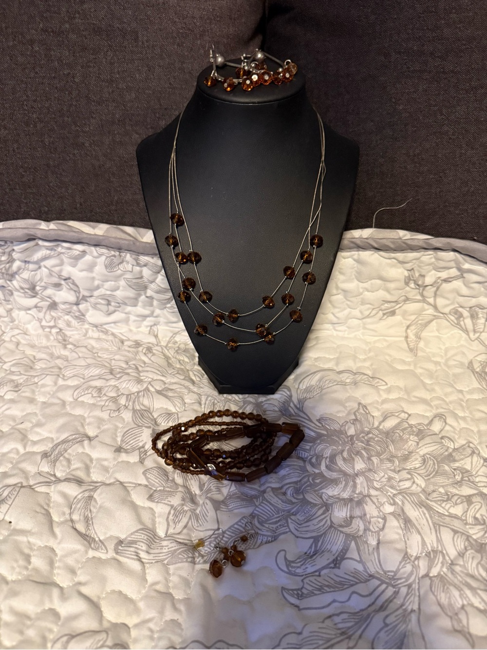 Multi-Strand Brown Bead Necklace, Earrings, and Bracelets Set